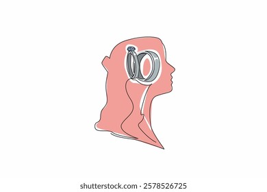 Single continuous line drawing the head of a woman with a wedding ring in the middle of her head. Thinking about the dream wedding ring. Inside the Head of Woman. One line design vector illustration