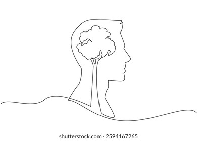 Single continuous line drawing  head of man with a large plant inside. The plant genius. Sustainability that is beneficial. Eco. International Day of Plant Health. One line design vector illustration