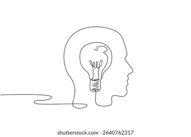 Single continuous line drawing the head is made of wires and in the middle of the head there is a lightbulb. Refreshing ideas and thoughts. National Creativity Day. One line design vector illustration
