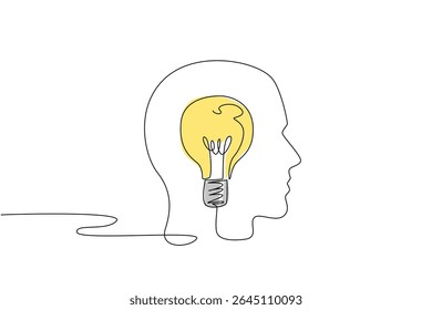 Single continuous line drawing the head is made of wires and in the middle of the head there is a lightbulb. Refreshing ideas and thoughts. National Creativity Day. One line design vector illustration