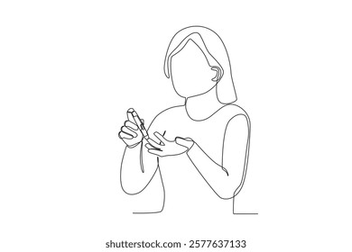 Single continuous line drawing healthcare a woman is checking sugar levels independently at home2. Expectant lady have rest at home with glass. One line draw design graphic vector
