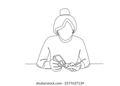 Single continuous line drawing healthcare a woman is checking sugar levels independently at home. Expectant lady have rest at home with glass. One line draw design graphic vector
