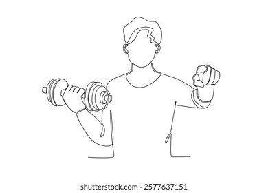 Single continuous line drawing healthcare a man is exercising lifting weights at home to maintain health. Expectant lady have rest at home with glass. One line draw design graphic vector