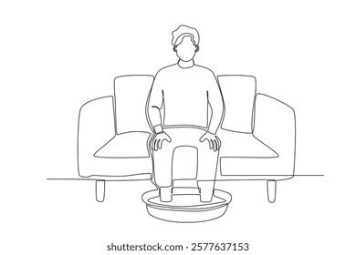 Single continuous line drawing healthcare a man is soaking his feet in hot water to relieve pain at home. Expectant lady have rest at home with glass. One line draw design graphic vector
