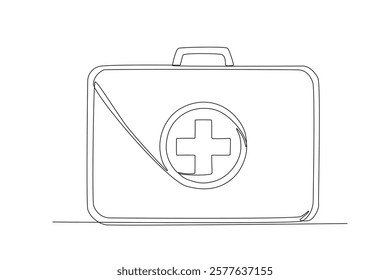 Single continuous line drawing healthcare first aid kit. Expectant lady have rest at home with glass. One line draw design graphic vector
