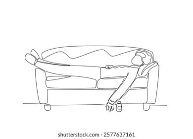 Single continuous line drawing healthcare a woman compresses her head to reduce body heat. Expectant lady have rest at home with glass. One line draw design graphic vector