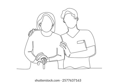 Single continuous line drawing healthcare a male nurse is visiting patient at home. Expectant lady have rest at home with glass. One line draw design graphic vector