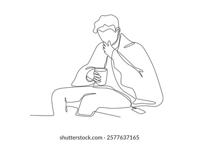 Single continuous line drawing healthcare a man is taking herbal medicine and covering himself with a blanket when he has a fever. Expectant lady have rest at home with glass. One line draw design