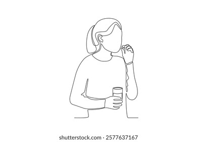 Single continuous line drawing healthcare a woman is taking medicine. Expectant lady have rest at home with glass. One line draw design graphic vector
