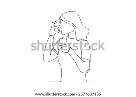 Single continuous line drawing healthcare a woman is taking medicine. Expectant lady have rest at home with glass. One line draw design graphic vector
