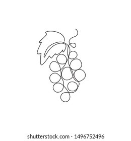 Single continuous line drawing healthy organic grapes for vineyard logo identity. Fresh tropical fruitage concept for fruit orchard garden icon. Modern one line draw design graphic vector illustration