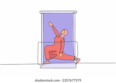 Una sola línea continua dibujando a una mujer árabe sana con prácticas de yoga para audífonos cerca de la ventana en el balcón. Actividad deportiva, entrenamiento, ejercicio, fitness, interior diseño de traza de una línea ilustración vectorial