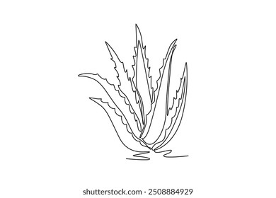 Single continuous line drawing of healthy organic green aloe vera for farm logo identity. Fresh tropical succulent plant concept for agricultural icon. One line draw graphic design vector illustration