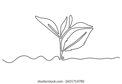 Uma linha contínua desenhando folhas de chá orgânicas saudáveis para a identidade do logotipo da plantação. Fresco botão macio de conceito de tiro de chá para ícone de folha de chá. Ilustração moderna do vetor do desenho gráfico de uma linha