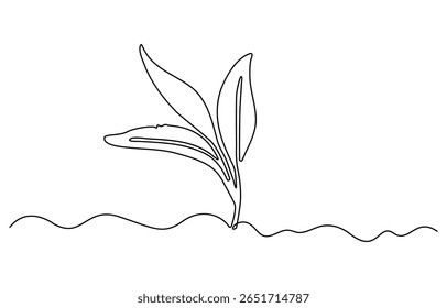 Uma linha contínua desenhando folhas de chá orgânicas saudáveis para a identidade do logotipo da plantação. Fresco botão macio de conceito de tiro de chá para ícone de folha de chá. Ilustração moderna do vetor do desenho gráfico de uma linha