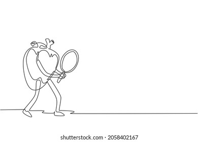 Single continuous line drawing heart organ mascot holding magnifying glass in search of something. Health of cardiovascular system. Power and strength of heart organ. One line draw design vector