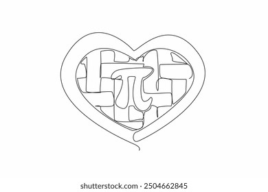 Einzeilige durchgehende Zeichnung herzförmiger Apfelkuchen mit Pi-Zeichen in der Mitte. Liebe Mathematik Formeln mit dem ganzen Herzen. Metapher. Berechnen. Lustig. Spannend. Pi-Tag. Vektorgrafik mit einzeiligem Design