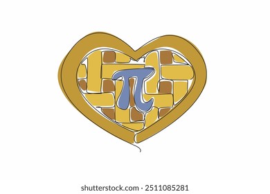 Einzeilige durchgehende Zeichnung herzförmiger Apfelkuchen mit Pi-Zeichen in der Mitte. Liebe Mathematik Formeln mit dem ganzen Herzen. Metapher. Berechnen. Lustig. Spannend. Pi-Tag. Vektorgrafik mit einzeiligem Design