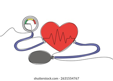 Línea continua que dibuja el gráfico del pulso del corazón en el centro del corazón con la bomba y el metro de la presión arterial en ambos extremos. Chequeo médico. Día Mundial de la Hipertensión. Ilustración vectorial de diseño de una línea