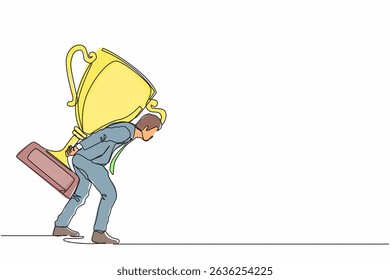 Single continuous line drawing heavy burden of victory business concept. Tired and disappointed businessman is carrying huge golden trophy on back. Dynamic one line graphic design vector illustration