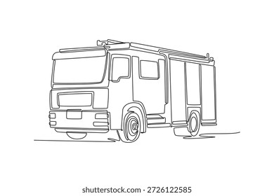 Uma linha contínua desenhando motor de fogo pesado. Cabina grande, compartimento de equipamento, escada de mão usada pelos bombeiros para trabalhos de resgate de emergência. Ilustração de vetor de design gráfico com desenho de uma linha