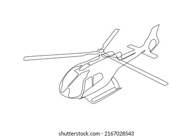 single continuous line drawing of a helicopter flying. Hand drawing style for transportation concept 