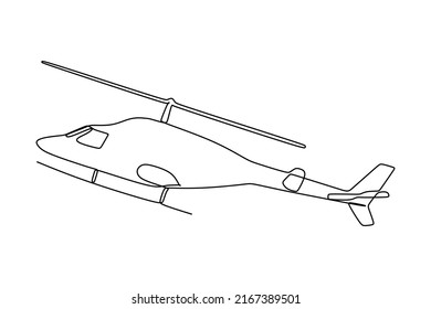 single continuous line drawing of a helicopter flying. Hand drawing style for transportation concept 