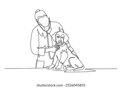 Desenho de linha única contínua útil veterinária feminina examinando e cuidar de cão doente por causa do vírus. Conceito de serviço de saúde animal de estimação. Ilustração de vetor de design gráfico de desenho dinâmico de uma linha