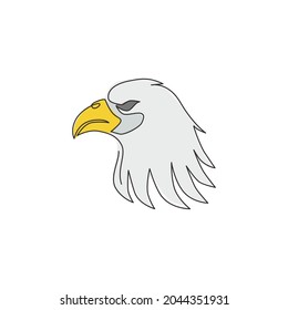 Single continuous line drawing of heroic eagle head for e-sport team logo identity. Falcon bird mascot concept for graveyard icon. Dynamic one line draw vector design graphic illustration