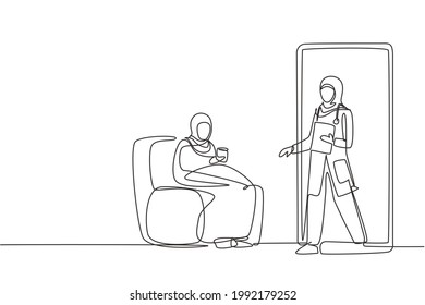 Single continuous line drawing hijab female patient sitting curled up on sofa, using blanket, holding mug and there is female doctor walking out of smartphone, holding clipboard. One line draw graphic