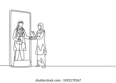Single continuous line drawing hijab female patient shaking hands with male doctor in smartphone holding clipboard. Online medical concept. Dynamic one line draw graphic design vector illustration