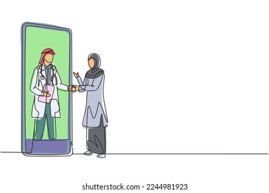 Single continuous line drawing hijab female patient shaking hands with male doctor in smartphone holding clipboard. Online medical concept. Dynamic one line draw graphic design vector illustration
