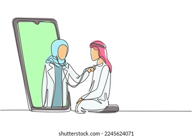 Una única línea continua dibujando a una doctora hijab sale de la pantalla del smartphone y revisa la frecuencia cardíaca de los pacientes varones usando estetoscopio sentado en la silla. Ilustración vectorial de diseño gráfico de una línea
