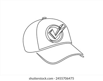 Single continuous line drawing hiking adventure cap hat, trip, travel, camping. Travel accessory, hiking clothes. Doodle element for design, print, card, sticker. One line draw vector illustration