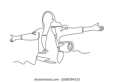 Single continuous line drawing of hiking sport woman enjoying healthy air. Fitness stretching concept. Trendy one line draw design vector illustration