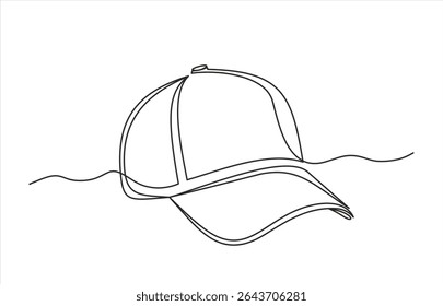 Single continuous line drawing hiking adventure cap hat, trip, travel, camping. Travel accessory, hiking clothes. Doodle element for design, print, card. Hand drawn one line vector. Editable stroke	