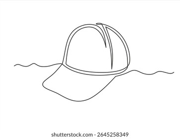 Single continuous line drawing hiking adventure cap hat, trip, travel, camping. Travel accessory, hiking clothes. Doodle element for design, print, card. Hand drawn one line vector. Editable stroke	