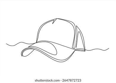 Single continuous line drawing hiking adventure cap hat, trip, travel, camping. Travel accessory, hiking clothes. Doodle element for design, print, card. Hand drawn one line vector. Editable stroke	