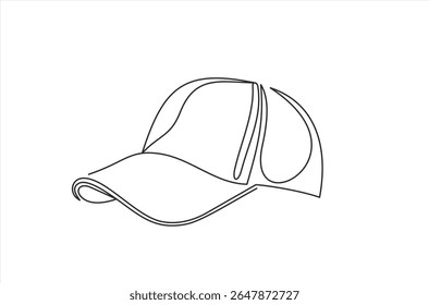 Single continuous line drawing hiking adventure cap hat, trip, travel, camping. Travel accessory, hiking clothes. Doodle element for design, print, card. Hand drawn one line vector. Editable stroke	