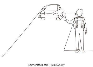 Single continuous line drawing hitchhiking road travel. Man with big backpack stopped ride by thumbing. Vacation and trip concept for banner, website. One line draw graphic design vector illustration