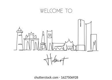 Single continuous line drawing of Hobart city skyline, Australia. Famous city scraper landscape. World travel concept home decor wall art poster print. Modern one line draw design vector illustration