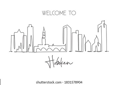 Einzelne kontinuierliche Zeichnung Hoboken City Skyline, New Jersey. Berühmte Stadtlandschaft. World Travel Home Wanddekor Art Poster Print Konzept. Modernes Einzeilendesign, Vektorgrafik