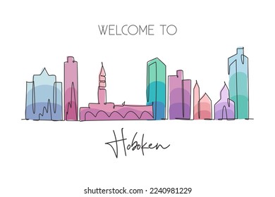 Single continuous line drawing Hoboken city skyline, New Jersey. Famous city scraper landscape. World travel home wall decor art poster print concept. Modern one line draw design vector illustration