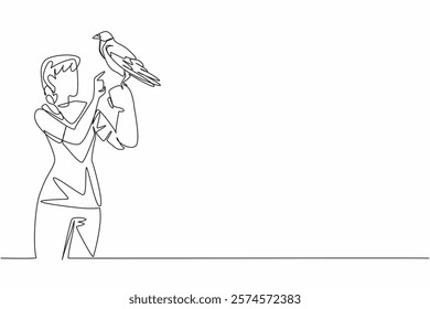 Single continuous line drawing hooded crow perched on hand of woman. This animal does not look so pretty but it is very intelligent. Mysterious. Woman Holding Bird. One line design vector illustration