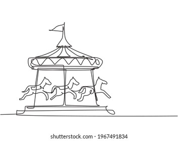 Single continuous line drawing of a horse carousel in an amusement park with horses spinning under the tent with a flag. Happy childhood. Dynamic one line draw graphic design vector illustration.