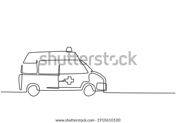 Single continuous line drawing of hospital\
ambulance vehicle to rescue critical patient. 911 isolated\
minimalism concept. Dynamic one line draw graphic design vector\
illustration on white\
background