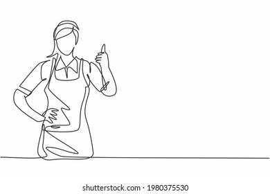 Single continuous line drawing hotel maids in uniform and gesture thumbs up. Work deftly to make and prepare the bed in a professional manner. Dynamic one line draw graphic design vector illustration