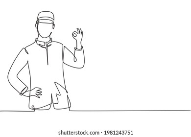 Single continuous line drawing hotel doorman in neat uniform with gesture okay. Serve guests friendly and warm manner. Professional person. Dynamic one line draw graphic design vector illustration