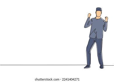 El único portero de un hotel de línea continua se paró con gesto de celebración y uniforme trabajando con gran servicio y hospitalidad. Trabajo exitoso. ilustración vectorial de diseño gráfico de una línea dinámica