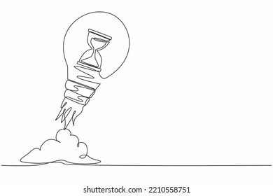 Single continuous line drawing hourglass launching with light bulb. The best time for a startup. Business deadline. Metaphor of space exploration. Dynamic one line graphic design vector illustration